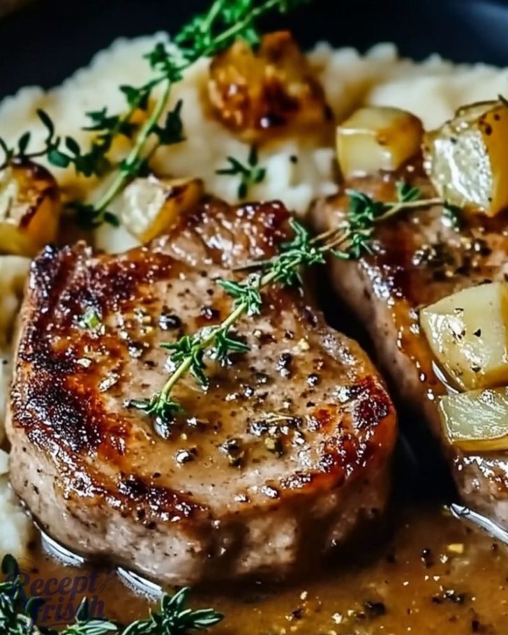 Buttrige Knoblauch-Schweinekoteletts mit cremigem Kartoffelpüree Rezept ...