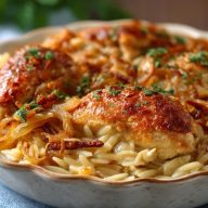 Französisches Zwiebel-Hähnchen-Orzo-Auflauf