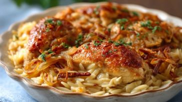 Französisches Zwiebel-Hähnchen-Orzo-Auflauf