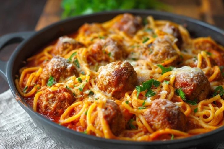 Gebackene Spaghetti mit Fleischbällchen