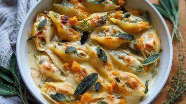 Mit Kürbis und Gouda gefüllte Muschelnudeln mit brauner Butter-Salbei-Alfredo-Soße