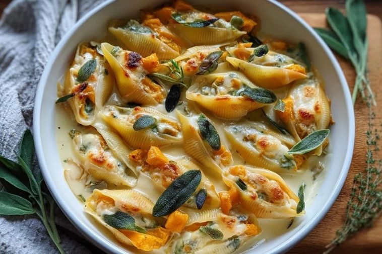 Mit Kürbis und Gouda gefüllte Muschelnudeln mit brauner Butter-Salbei-Alfredo-Soße