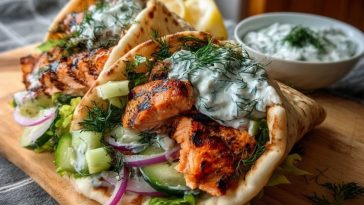 Saftige gegrillte Lachs-Gyros mit Dill-Joghurt-Soße