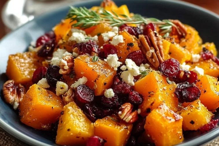Honiggerösteter Butternut-Kürbis mit Cranberries, Pekannüssen und Feta
