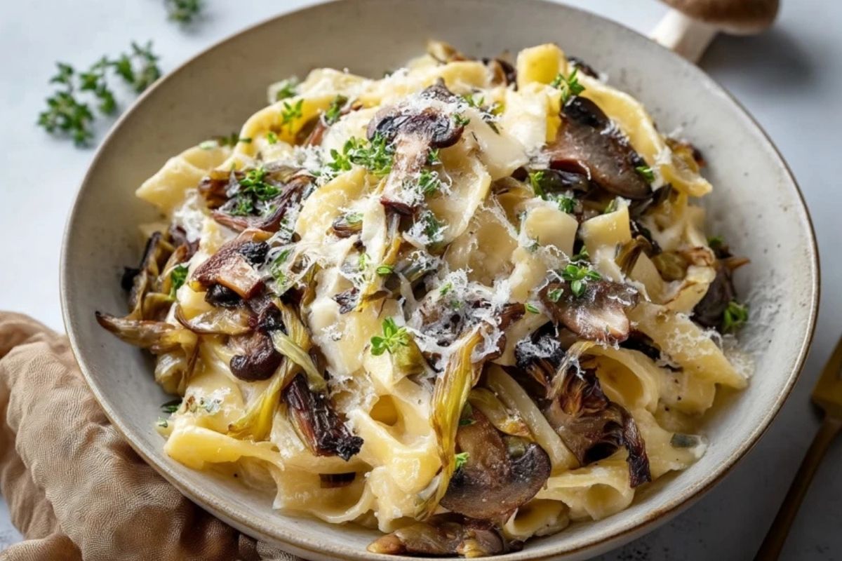 Karamellisierte Lauch- und Pilz-Gruyère-Pasta