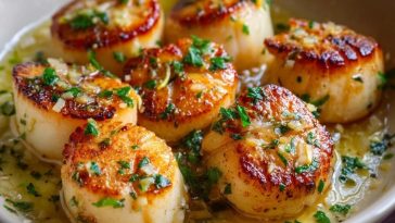 Knoblauch-Zitronen-Butter gebratene Jakobsmuscheln