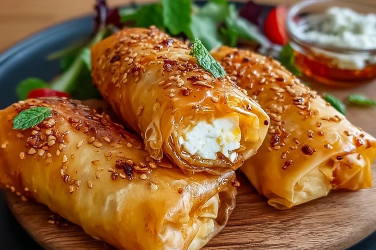 Ofenfrittierte Feta-Rollen mit Chili-Honig