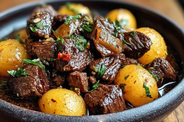 Slow Cooker Garlic Butter Beef Bites & Potatoes