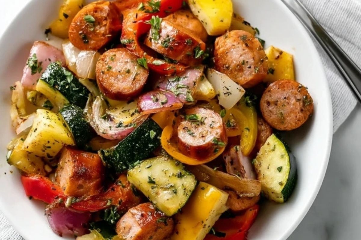 Einfache Hähnchenwürstchen mit Gemüse aus dem Ofen