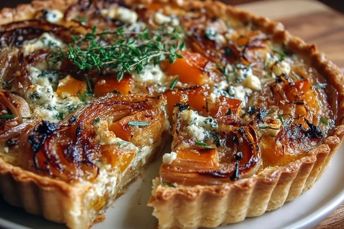Karamellisierte Zwiebel und Butternut-Kürbis-Tarte